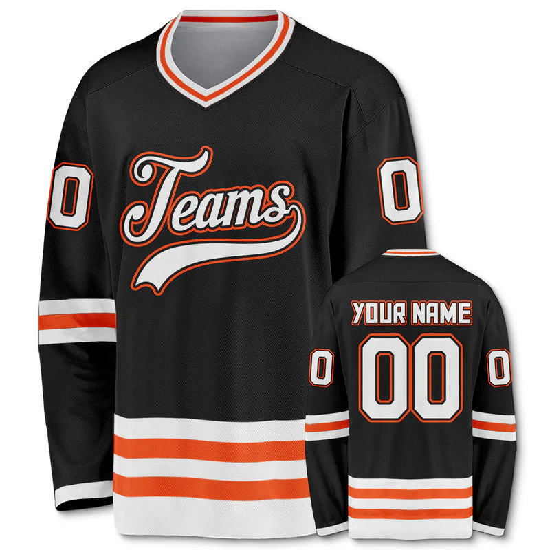 Custom Black White-Orange Authentic Hockey Jersey