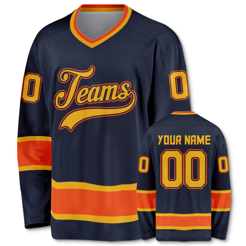 Custom Navy Gold-Orange Authentic Hockey Jersey
