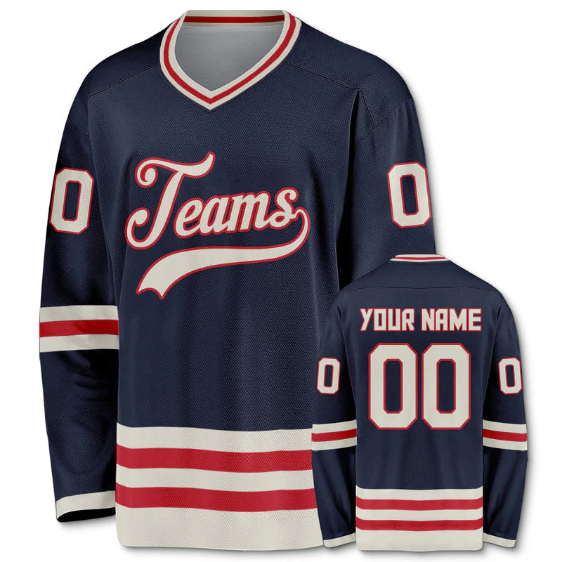 Custom Navy Beige-Red Authentic Hockey Jersey